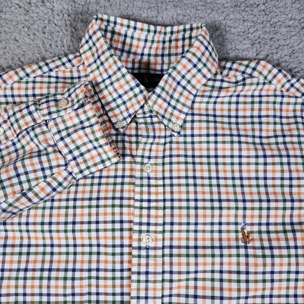RALPH LAUREN Mens White Orange Colors Pinpoint Plaid Shirt Large Pony